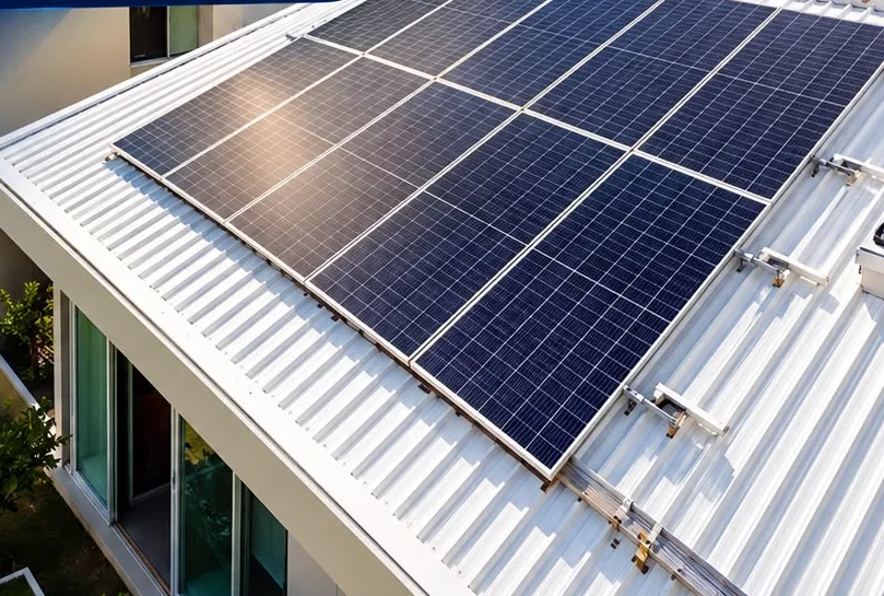 Painéis solares instalados pela I9 Solar em telhado metálico